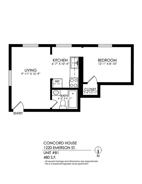 Floor plan for 1 bed, 1 bath, 668 sqft